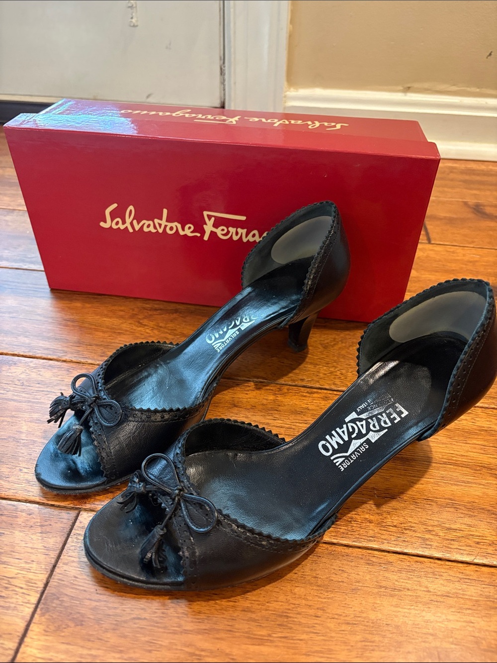 Salvatore Ferragamo Black Leather Peep-Toe Tassel Heels